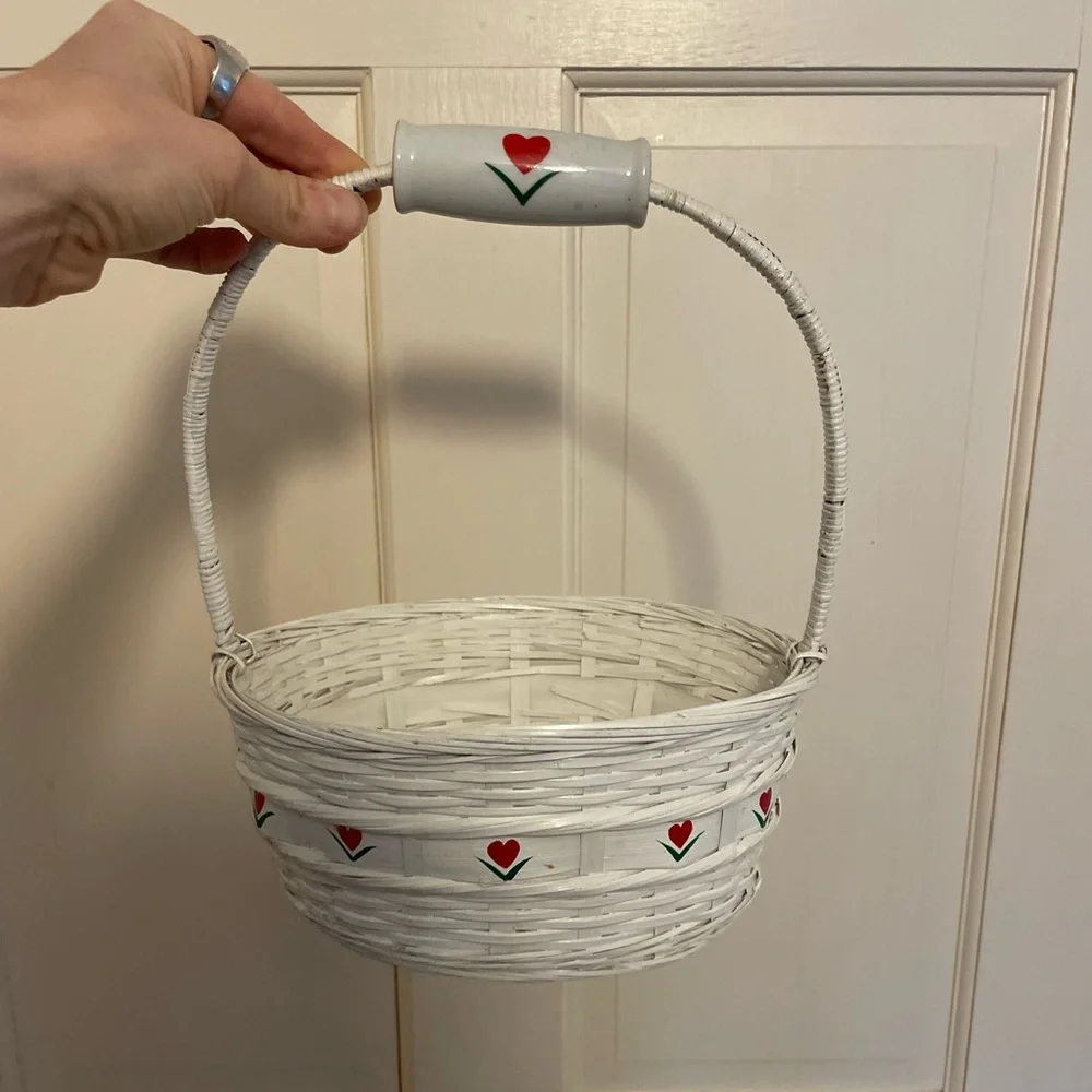 Vintage White Woven Basket with Red Ceramic Heart Handle